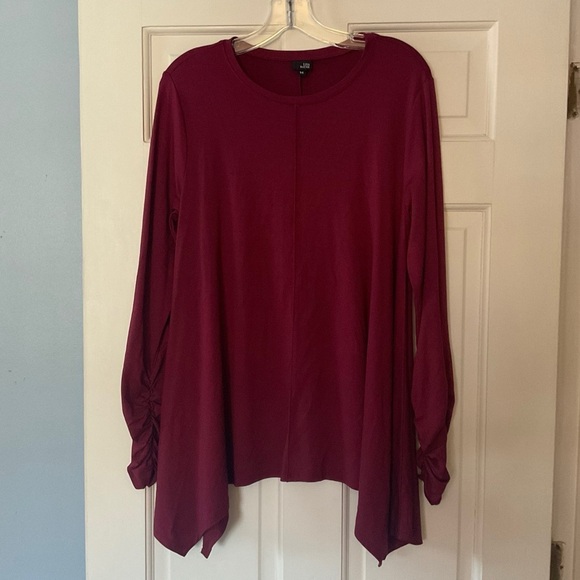 Lisa Bayne Sharkbite Tunic Top Red Asymmetric Hem Ruched Gathered Sleeve Size M - Picture 1 of 7